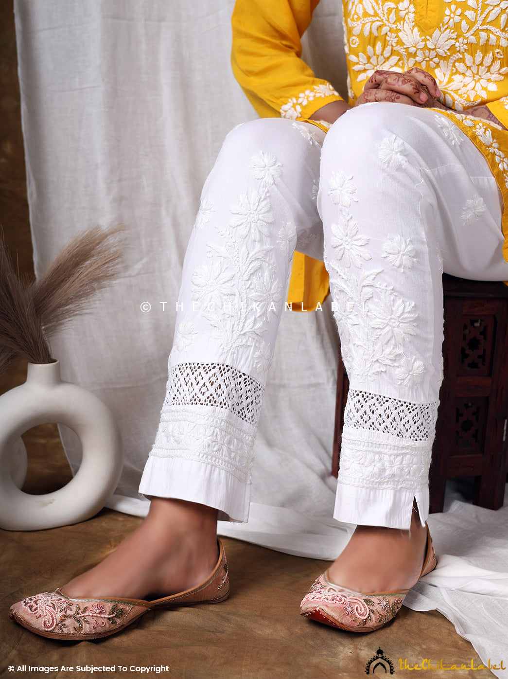 White lucknowi kurti and cigarette pants - FARZEEN COUTURE - 2826010